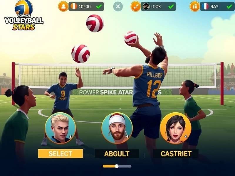 Power Spike Volleyball Stars character selection screen showing diverse athletes
